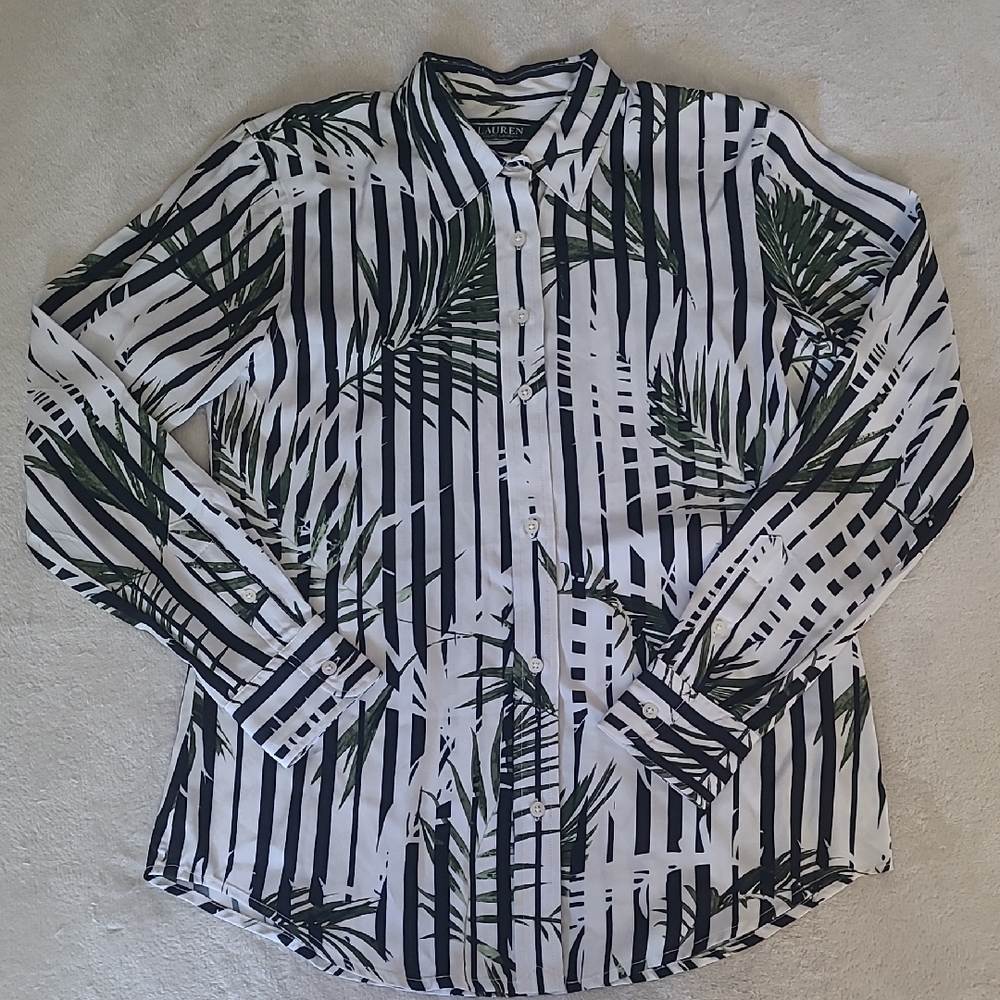 Lauren Ralph Lauren Palm Leaf Stripe Button Down Blouse PS Viscose Resort Boho